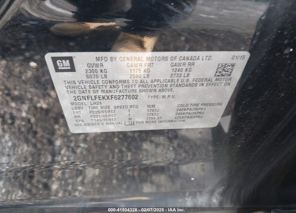 2015 CHEVROLET EQUINOX 1LT VIN: 2GNFLFEKXF6277602