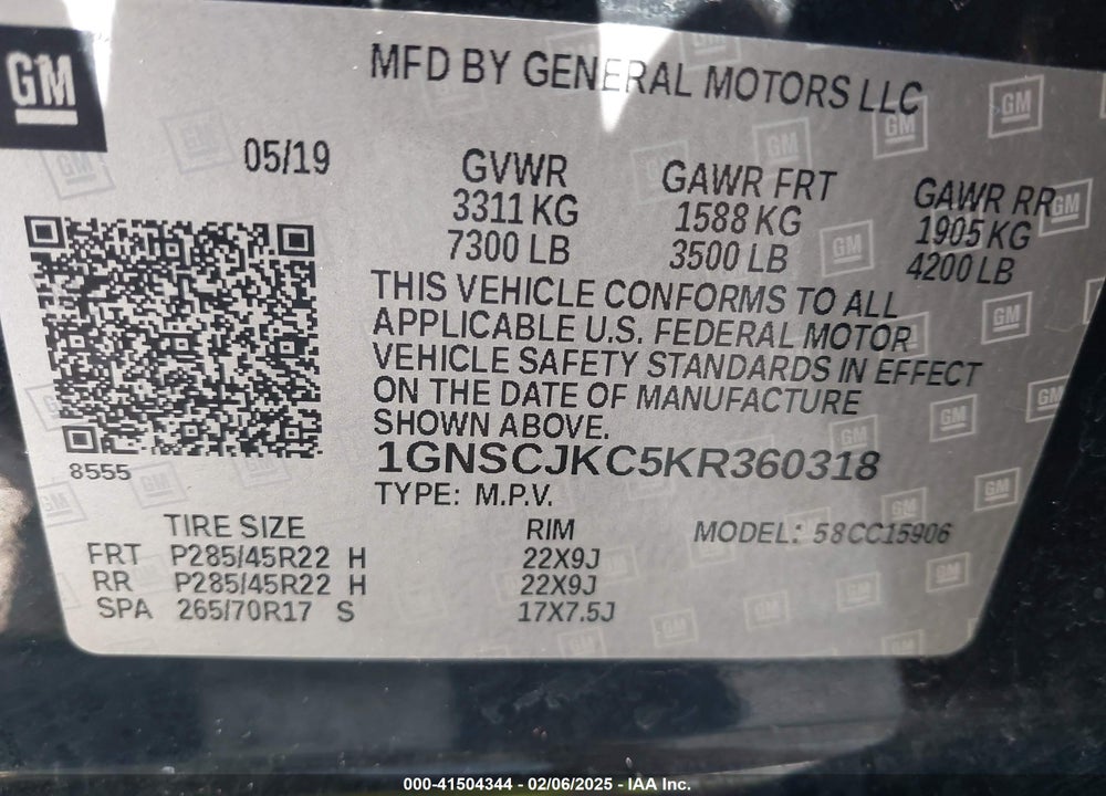 2019 CHEVROLET SUBURBAN PREMIER VIN: 1GNSCJKC5KR360318