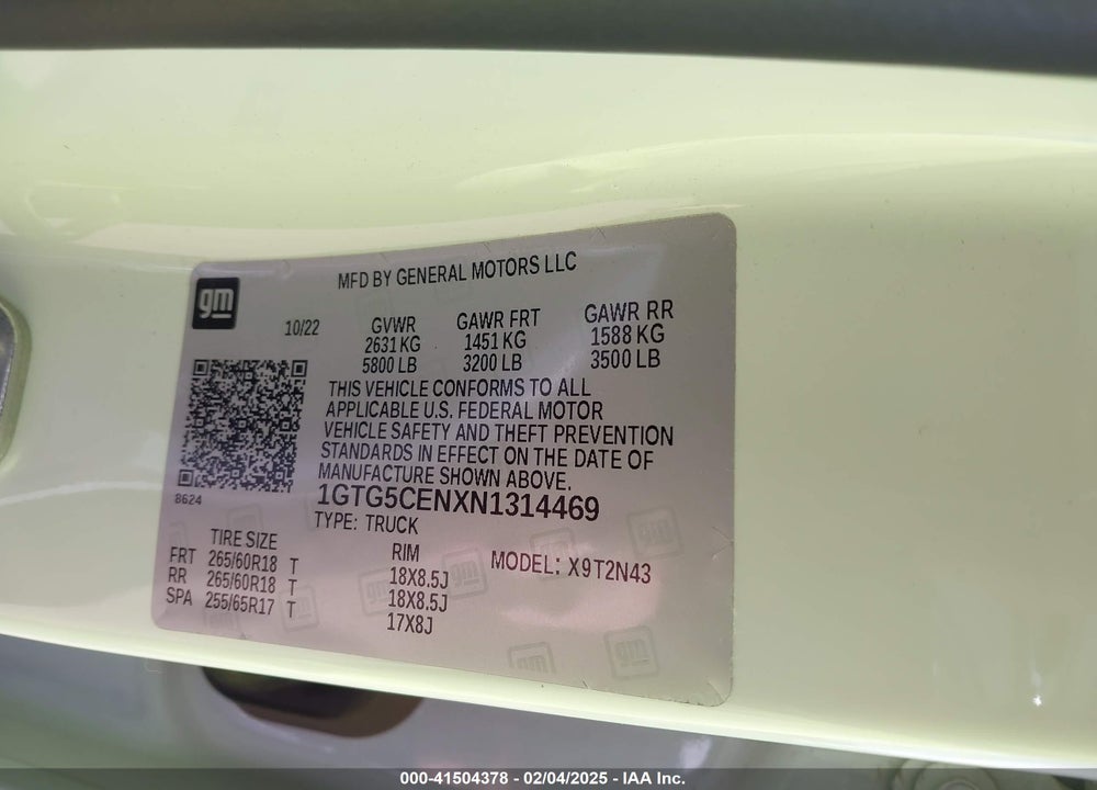 2022 GMC CANYON 2WD SHORT BOX ELEVATION VIN: 1GTG5CENXN1314469