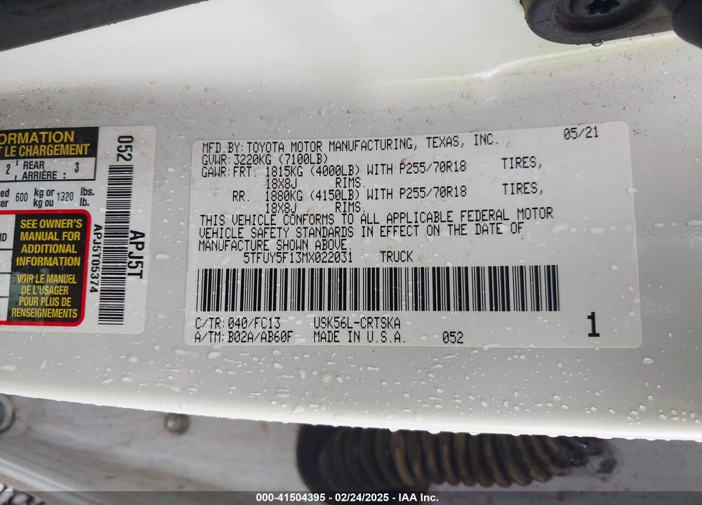 2021 TOYOTA TUNDRA VIN: 5TFUY5F13MX022031