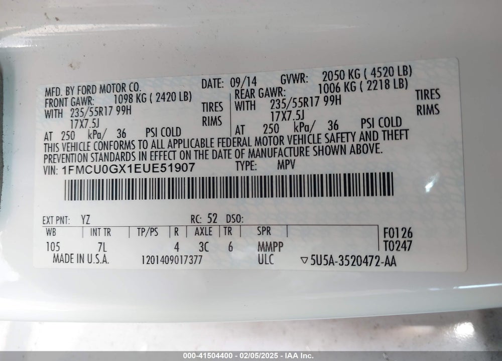 2014 FORD ESCAPE SE VIN: 1FMCU0GX1EUE51907