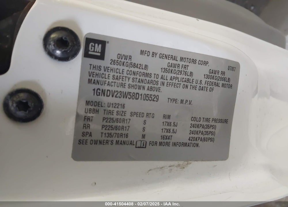 2008 CHEVROLET UPLANDER LS VIN: 1GNDV23W58D105529