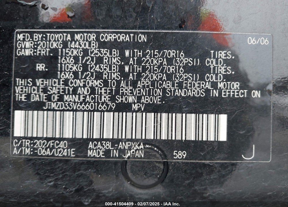 2006 TOYOTA RAV4 VIN: JTMZD33V666016679