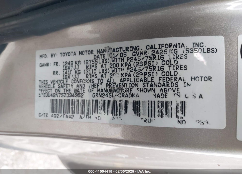 2005 TOYOTA TACOMA BASE V6 VIN: 5TEUU42N75Z034952