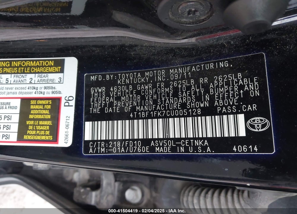 2012 TOYOTA CAMRY LE VIN: 4T1BF1FK7CU005128