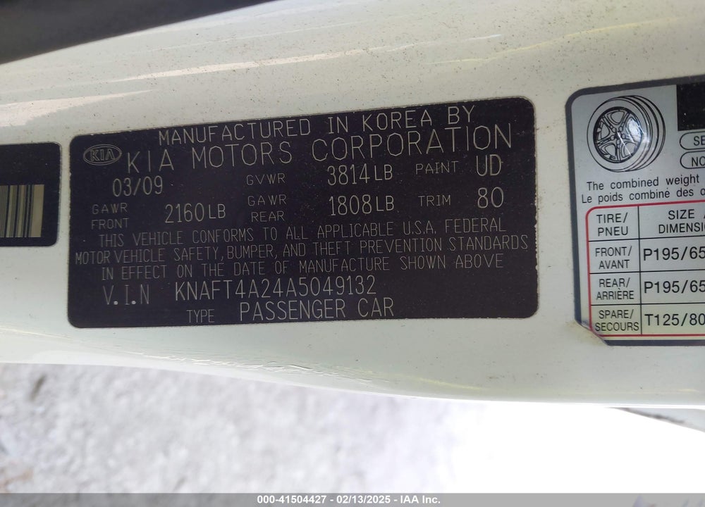 2010 KIA FORTE LX VIN: KNAFT4A24A5049132