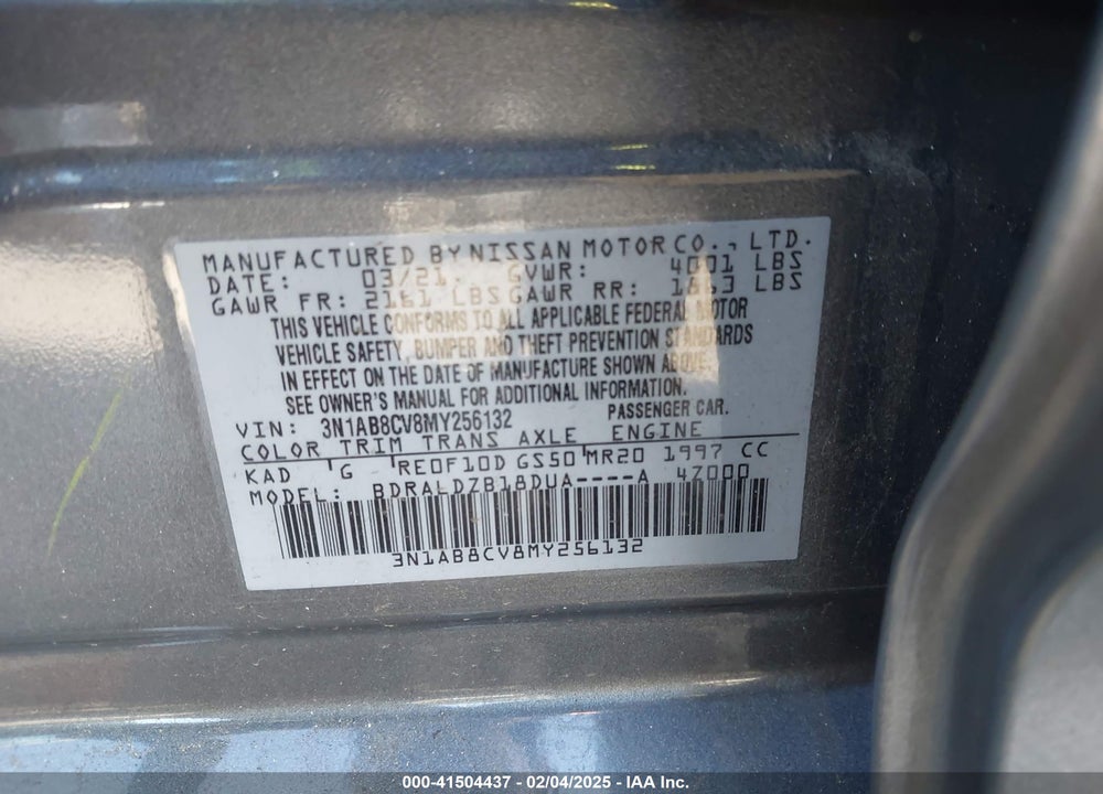2021 NISSAN SENTRA VIN: 3N1AB8CV8MY256132