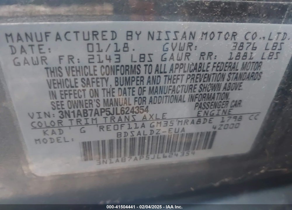 2018 NISSAN SENTRA VIN: 3N1AB7AP5JL624354