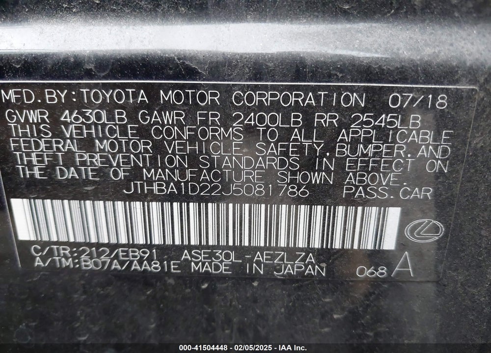 2018 LEXUS IS 300 VIN: JTHBA1D22J5081786