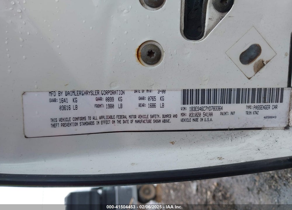 2000 DODGE NEON HIGHLINE VIN: 1B3ES46C7YD783364