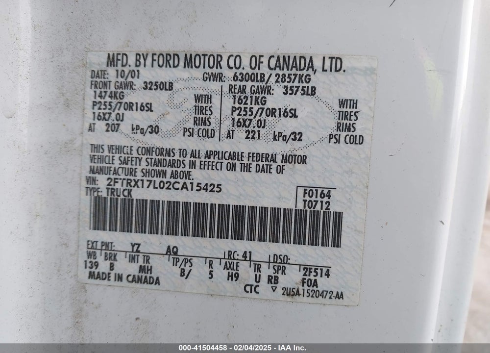 2002 FORD F-150 LARIAT/XL/XLT VIN: 2FTRX17L02CA15425