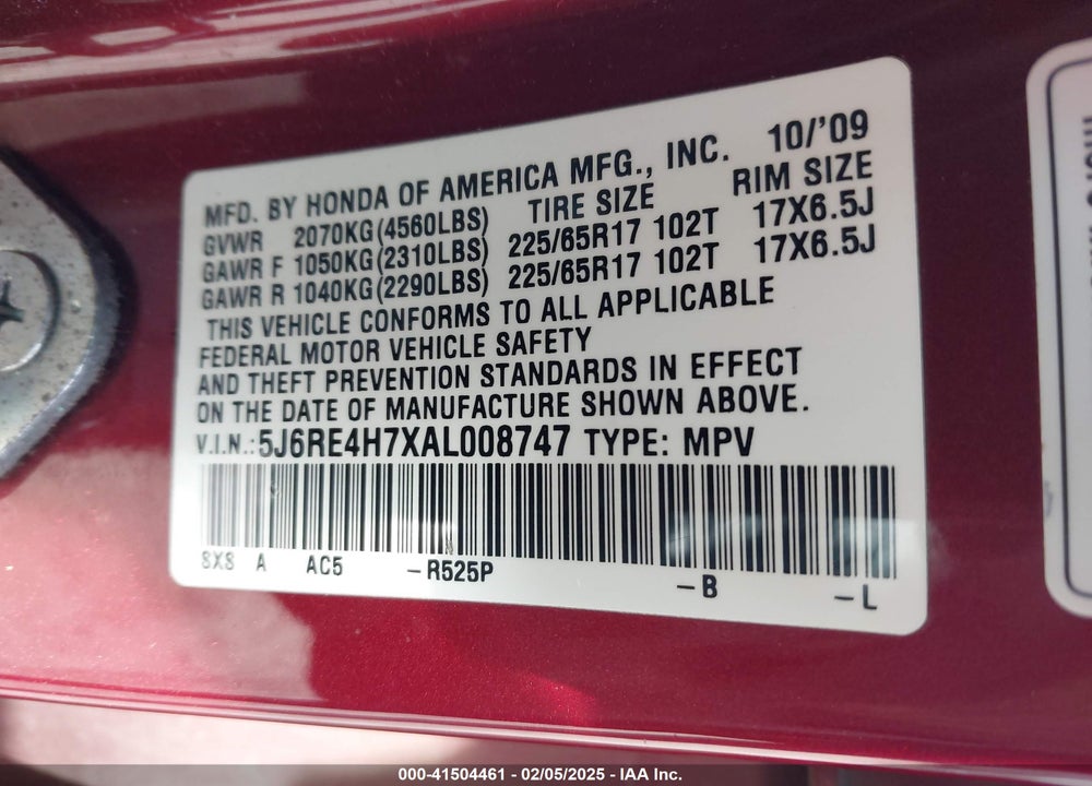 2010 HONDA CR-V EX-L VIN: 5J6RE4H7XAL008747