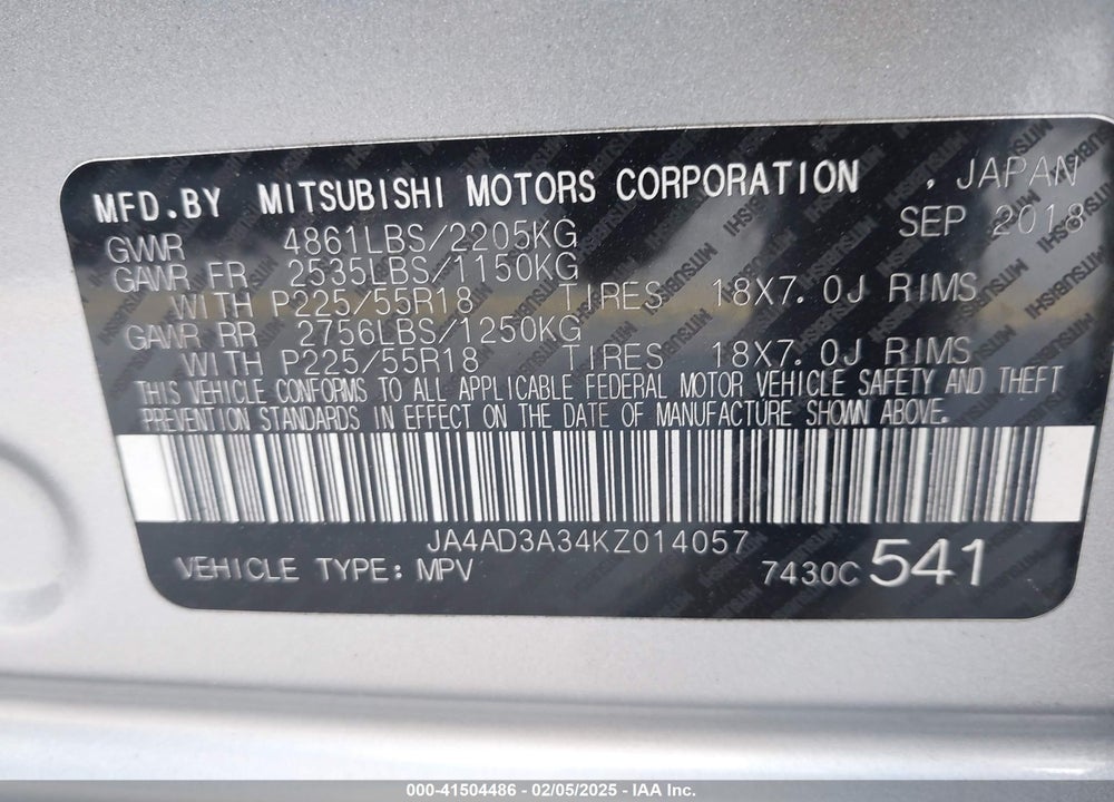2019 MITSUBISHI OUTLANDER SE VIN: JA4AD3A34KZ014057