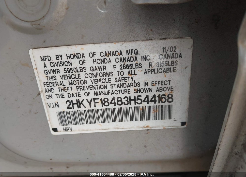 2003 HONDA PILOT EX VIN: 2HKYF18483H544168
