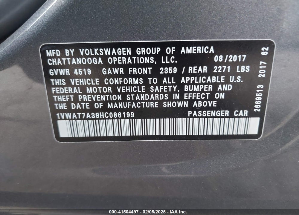 2017 VOLKSWAGEN PASSAT VIN: 1VWAT7A39HC086199