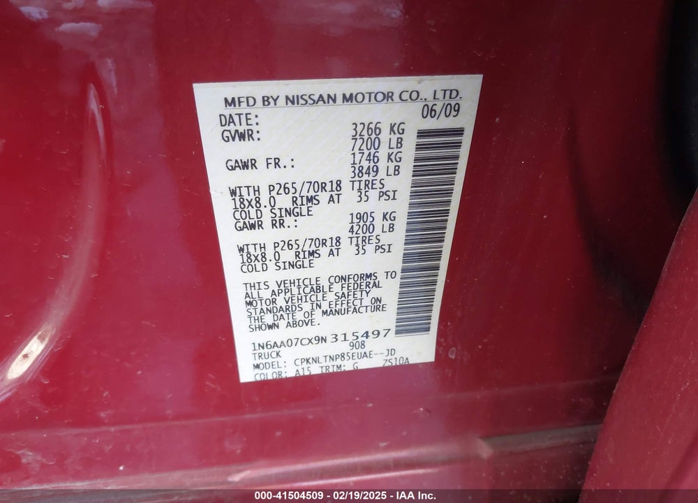 2009 NISSAN TITAN SE VIN: 1N6AA07CX9N315497