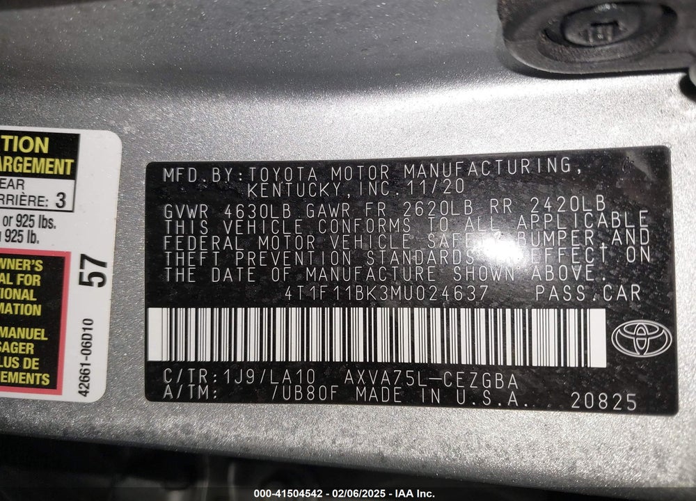 2021 TOYOTA CAMRY VIN: 4T1F11BK3MU024637