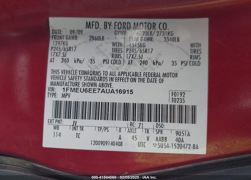 2010 FORD EXPLORER EDDIE BAUER VIN: 1FMEU6EE7AUA16915
