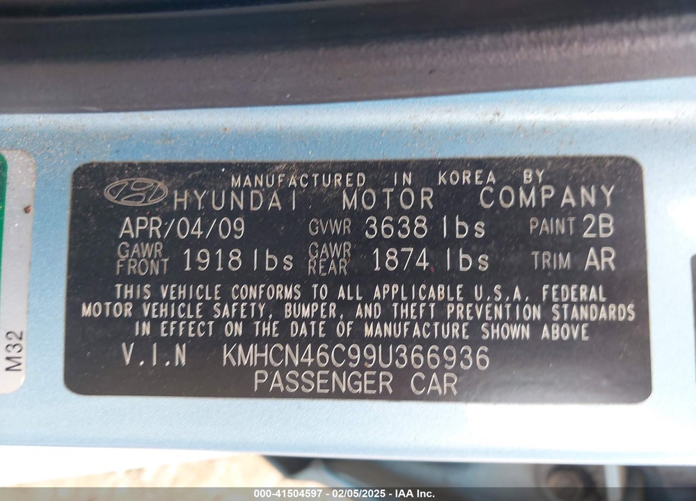 2009 HYUNDAI ACCENT VIN: KMHCN46C99U366936