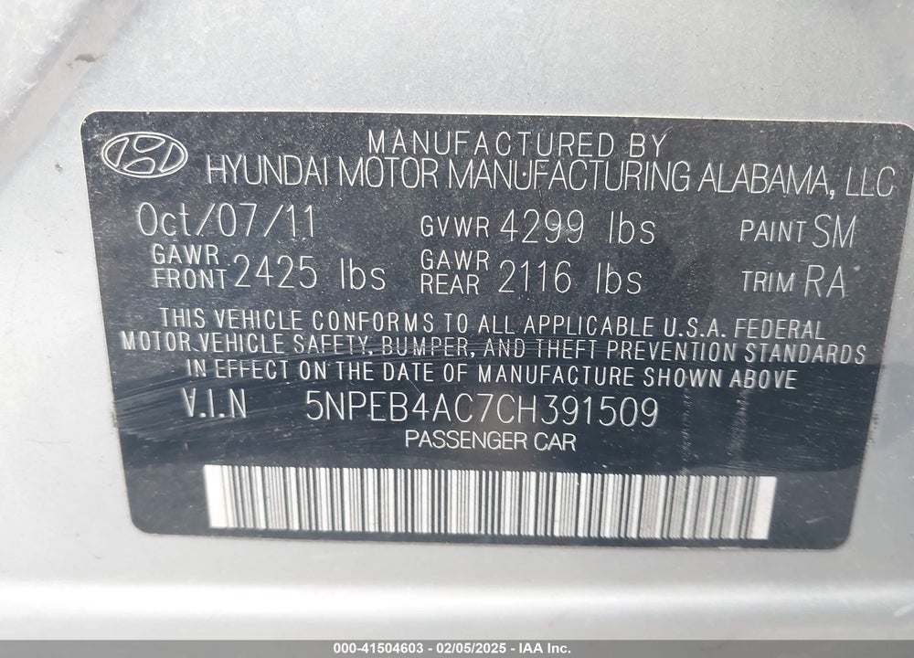 2012 HYUNDAI SONATA VIN: 5NPEB4AC7CH391509