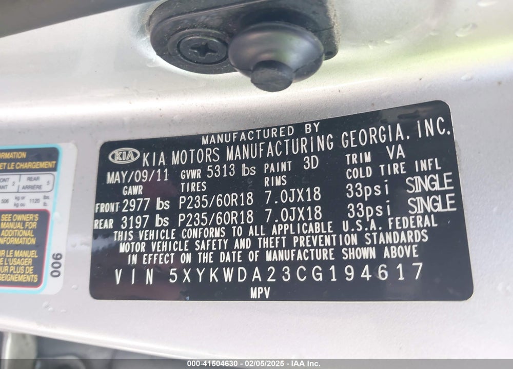 2012 KIA SORENTO SX V6 VIN: 5XYKWDA23CG194617