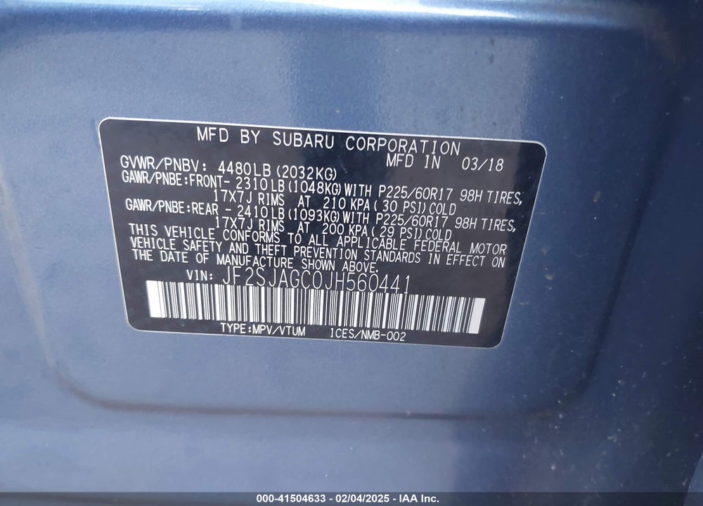2018 SUBARU FORESTER 2.5I PREMIUM VIN: JF2SJAGC0JH560441