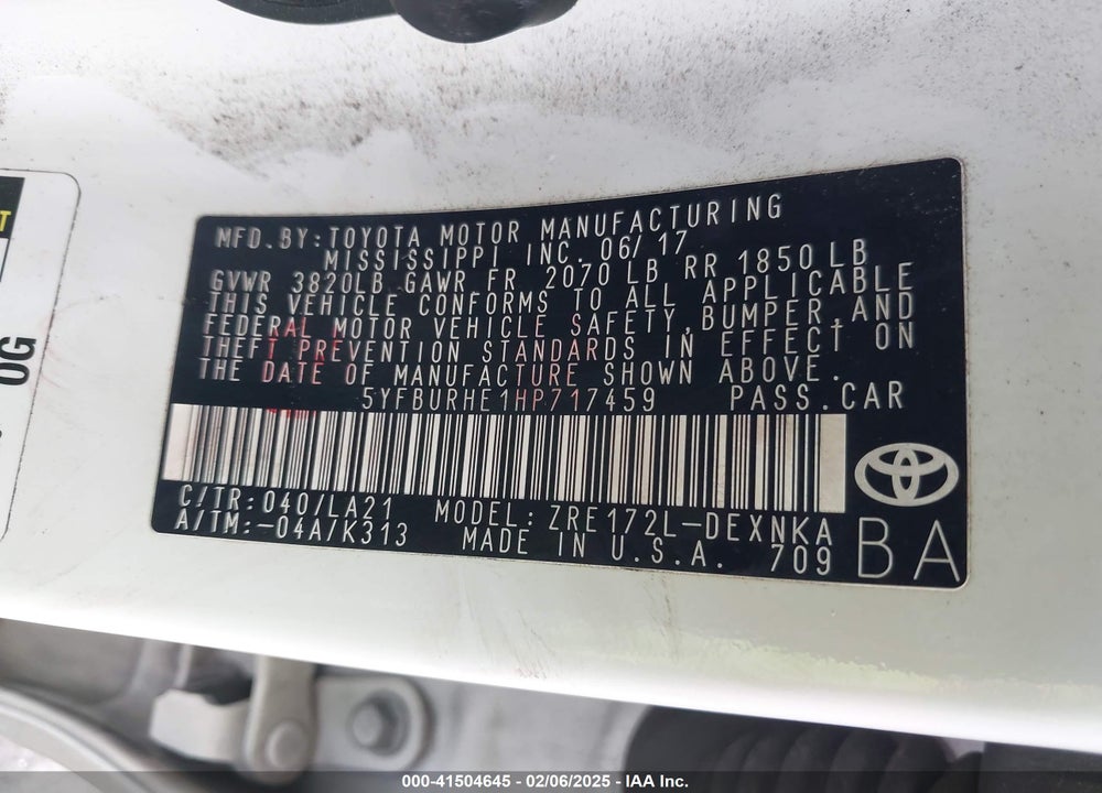2017 TOYOTA COROLLA VIN: 5YFBURHE1HP717459