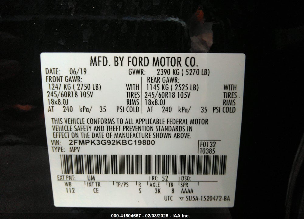 2019 FORD EDGE SE VIN: 2FMPK3G92KBC19800