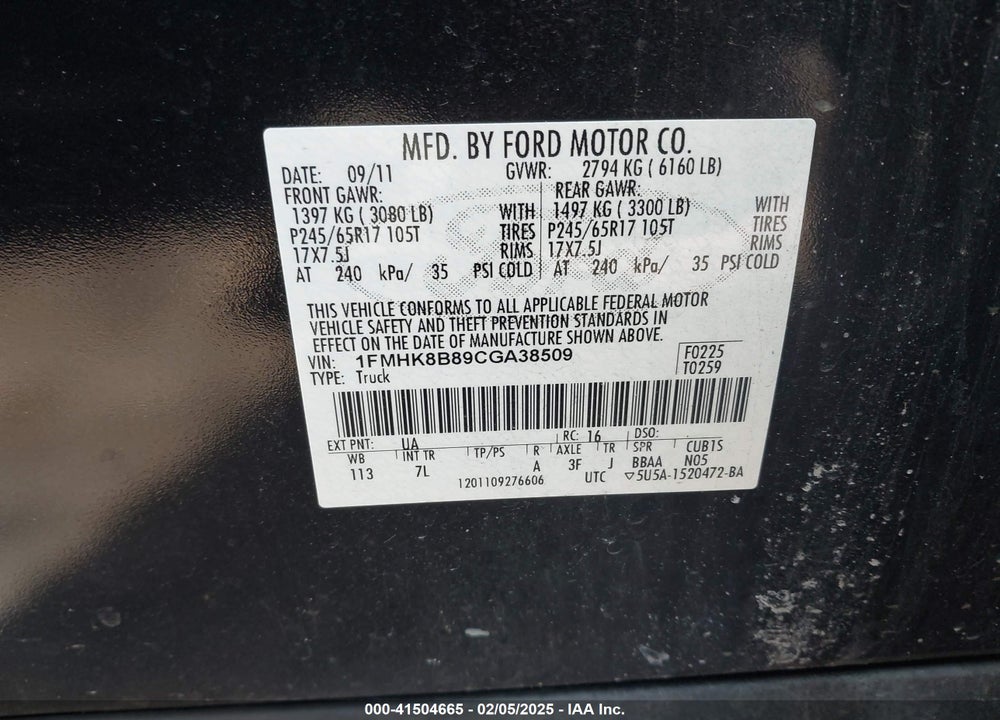 2012 FORD EXPLORER VIN: 1FMHK8B89CGA38509