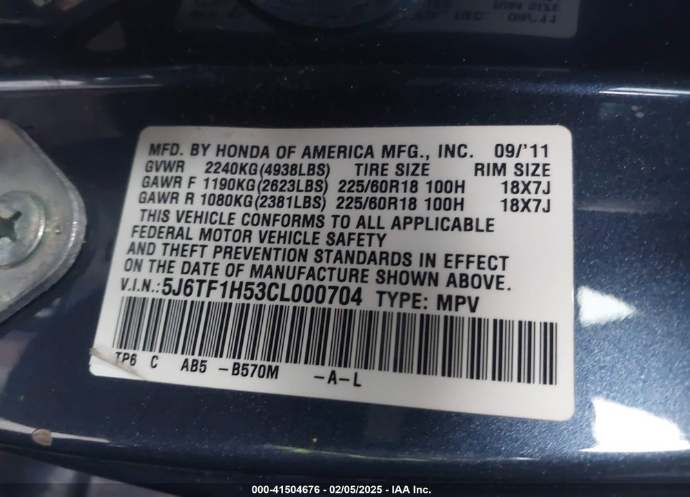 2012 HONDA CROSSTOUR EX-L VIN: 5J6TF1H53CL000704