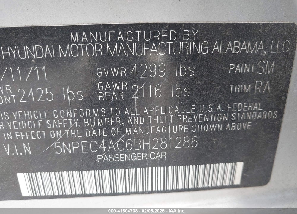 2011 HYUNDAI SONATA SE VIN: 5NPEC4AC6BH281286
