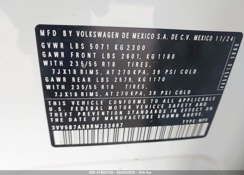 2024 VOLKSWAGEN TIGUAN 2.0T WOLFSBURG EDITION VIN: 3VV5B7AX8RM233687