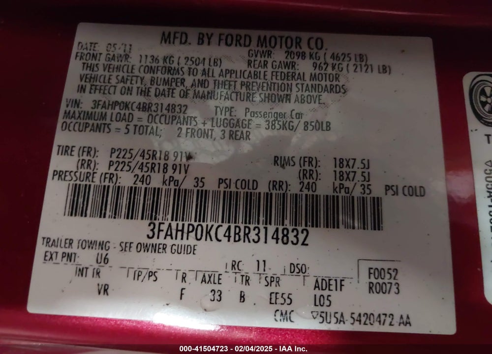 2011 FORD FUSION VIN: 3FAHP0KC4BR314832