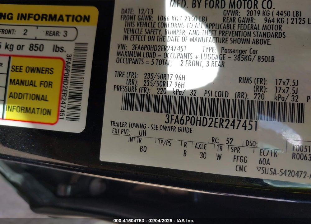 2014 FORD FUSION VIN: 3FA6P0HD2ER247451