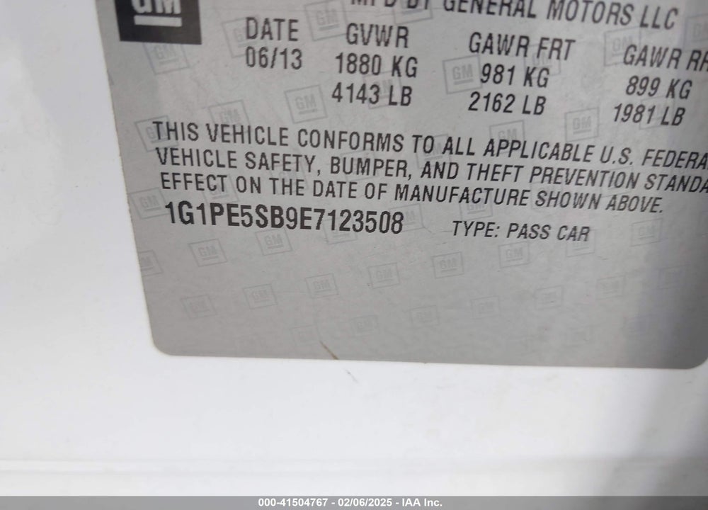 2014 CHEVROLET CRUZE 2LT AUTO VIN: 1G1PE5SB9E7123508