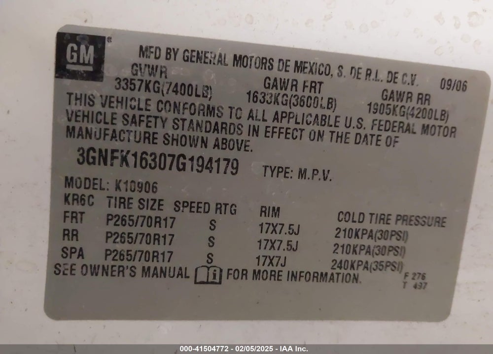 2007 CHEVROLET SUBURBAN VIN: 3GNFK16307G194179