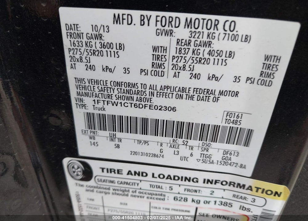 2013 FORD F150 VIN: 1FTFW1CT6DFE02306
