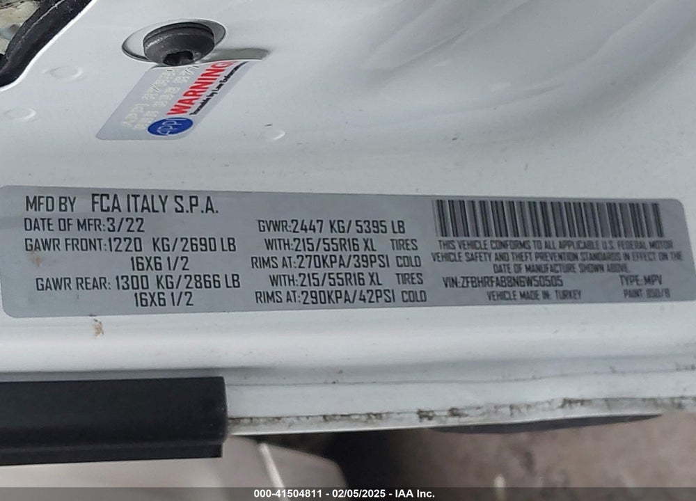 2022 RAM PROMASTER CITY VIN: ZFBHRFAB8N6W50505