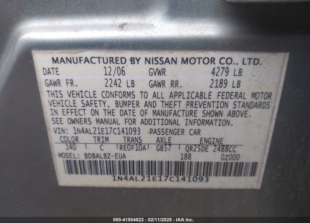 2007 NISSAN ALTIMA 2.5 S VIN: 1N4AL21E17C141093
