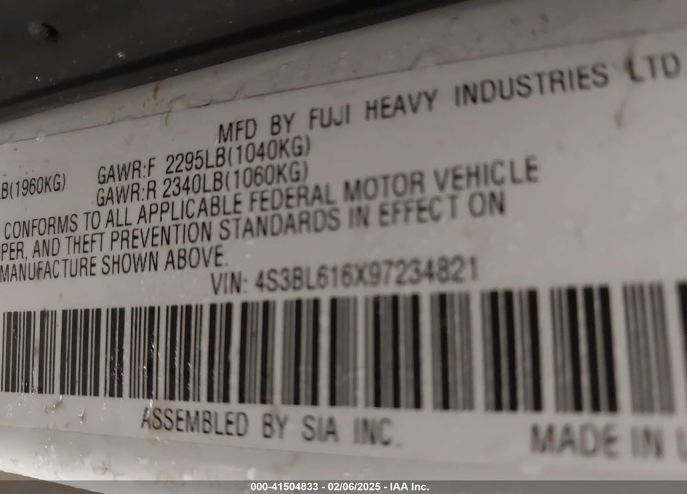 2009 SUBARU LEGACY 2.5I VIN: 4S3BL616X97234821