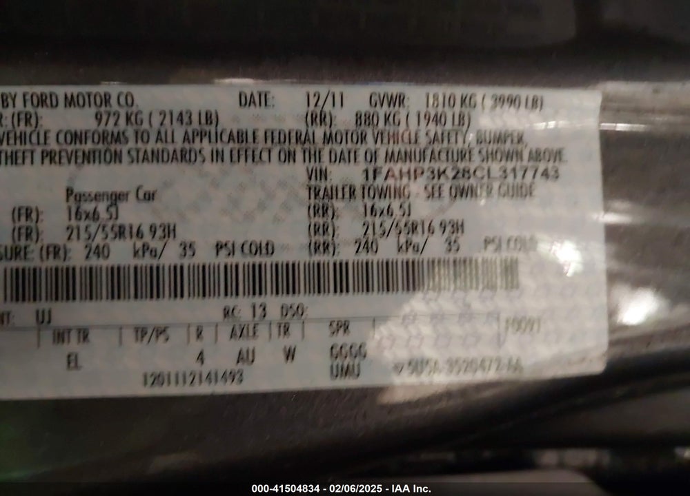 2012 FORD FOCUS VIN: 1FAHP3K28CL317743
