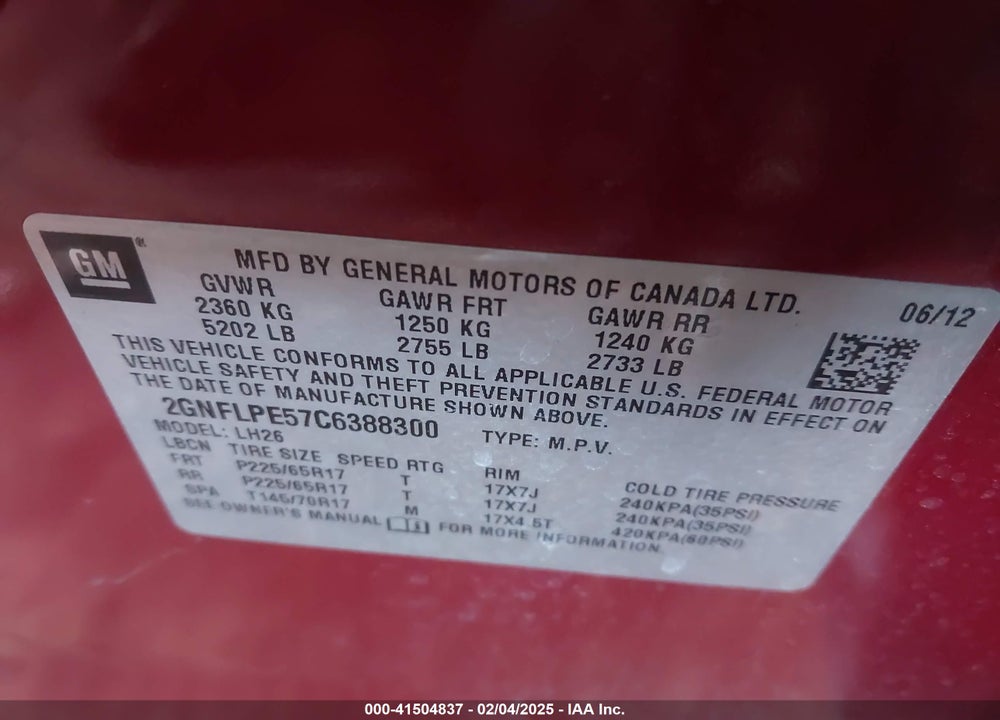 2012 CHEVROLET EQUINOX 2LT VIN: 2GNFLPE57C6388300