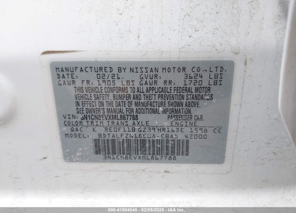 2021 NISSAN VERSA VIN: 3N1CN8EVXML867788