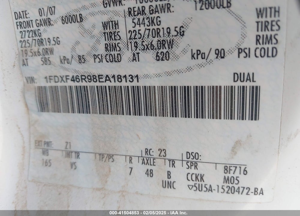 2008 FORD F-450 CHASSIS XL/XLT VIN: 1FDXF46R98EA18131