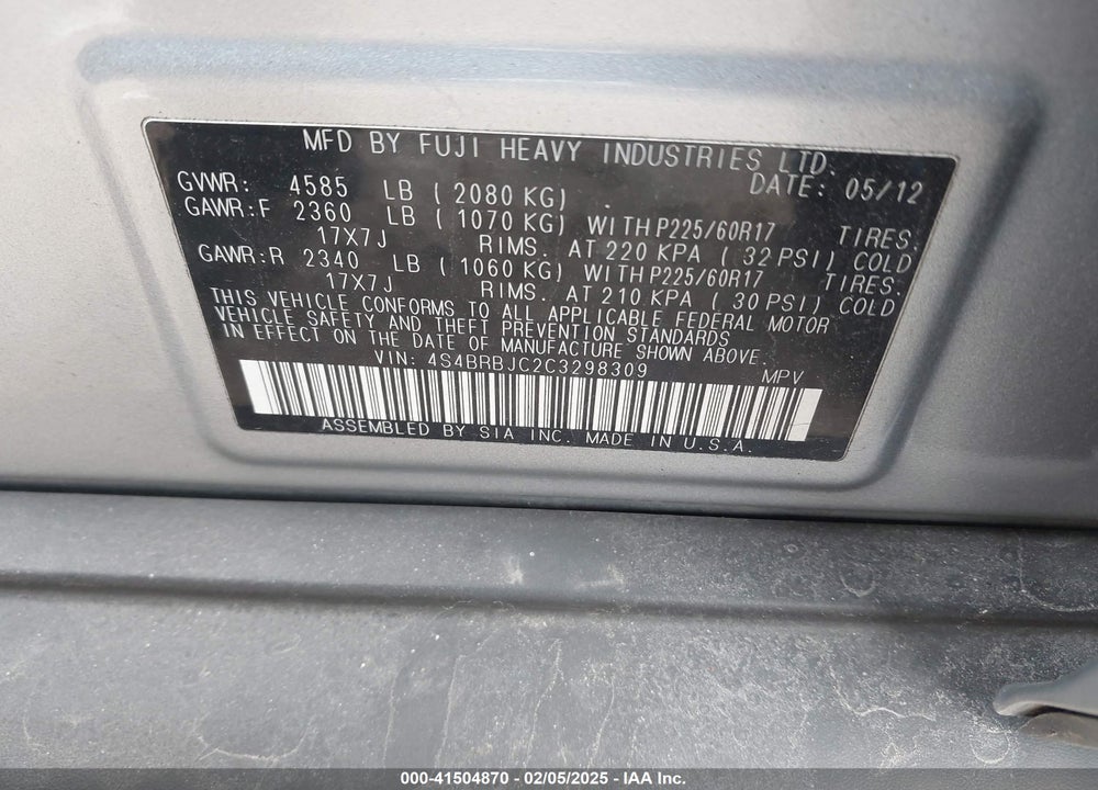 2012 SUBARU OUTBACK 2.5I LIMITED VIN: 4S4BRBJC2C3298309
