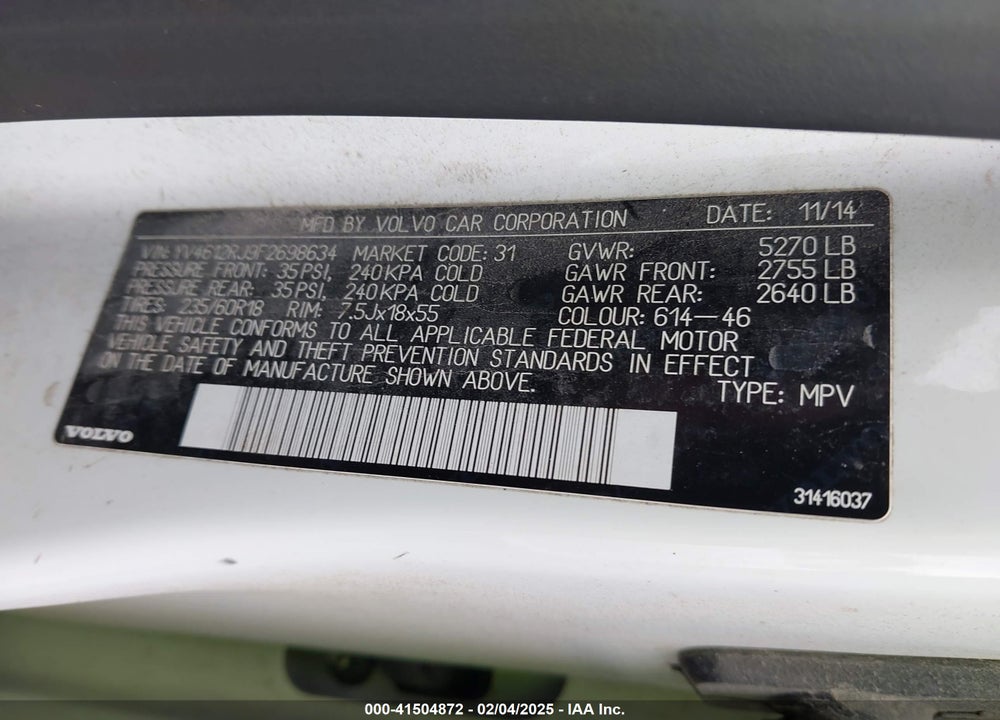 2015 VOLVO XC60 VIN: YV4612RJ9F2698634