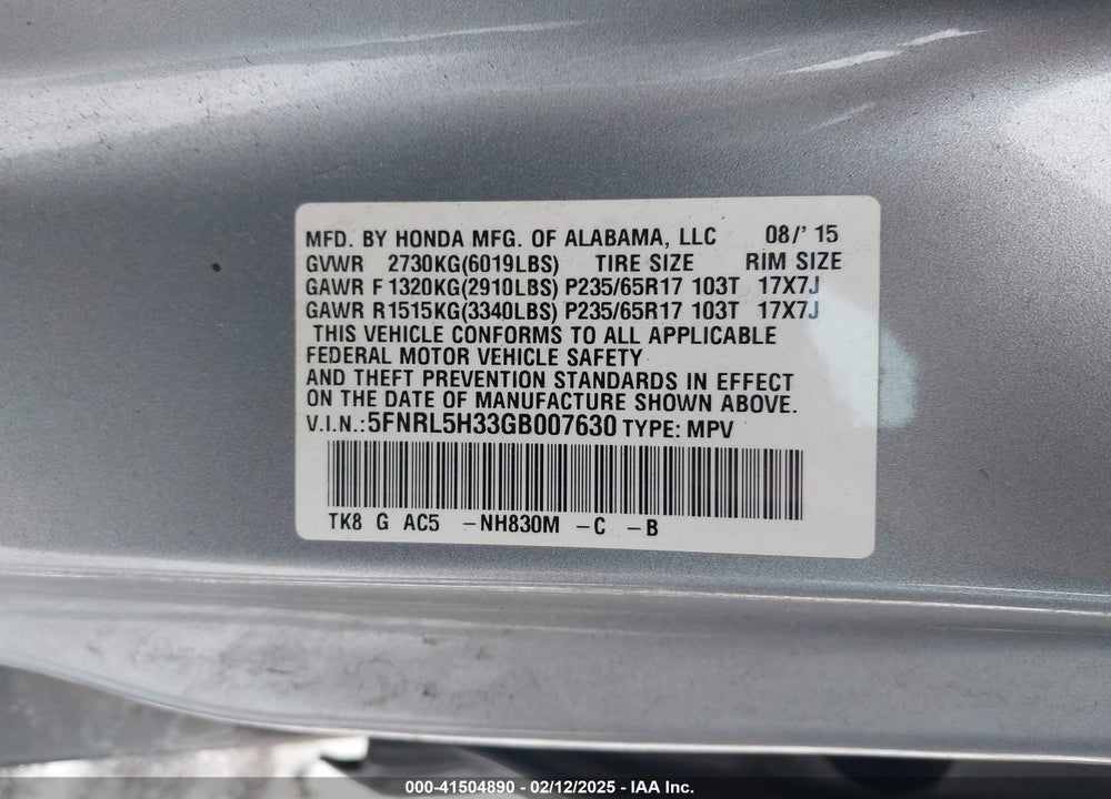 2016 HONDA ODYSSEY VIN: 5FNRL5H33GB007630