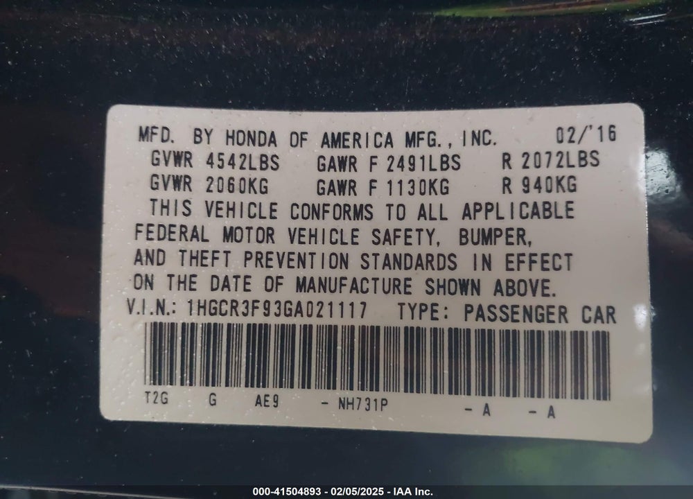 2016 HONDA ACCORD VIN: 1HGCR3F93GA021117