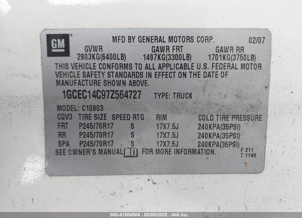 2007 CHEVROLET SILVERADO VIN: 1GCEC14C97Z564727