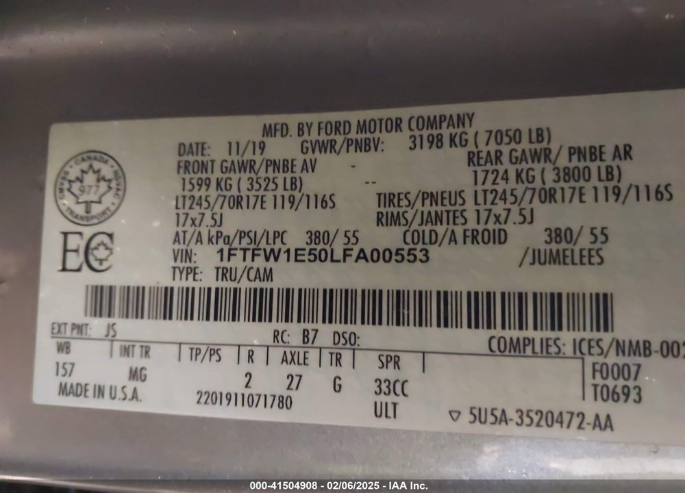 2020 FORD F-150 VIN: 1FTFW1E50LFA00553